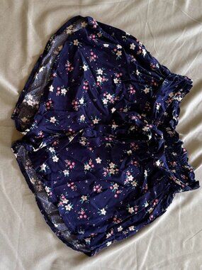 Goldspark Women's Floral Flowy Shorts Blue Small Elastic Waist Tie Belt New